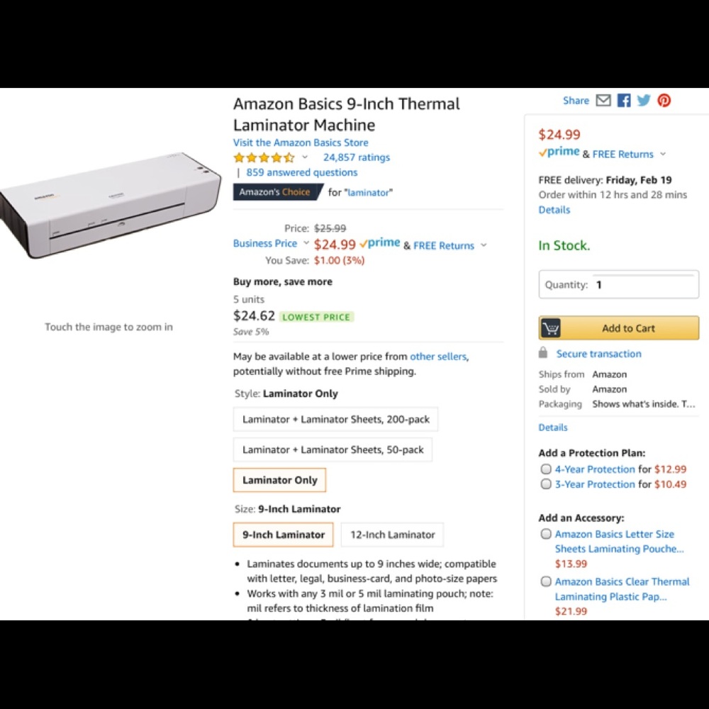 Amazon Basics Thermal Laminator-NIB